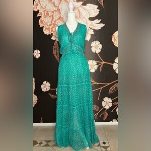 Luxe Teal Green Tiered Maxi Dress with Metallic Dots